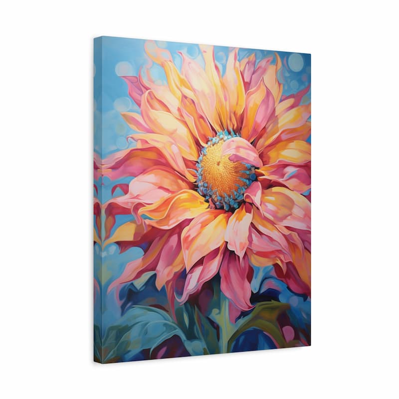 A square canvas wall art print featuring a stylized, colorful flower with layered petals in pink, orange, yellow, and blue on a blue background.