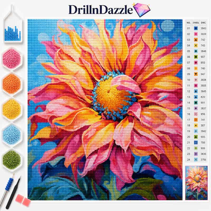 A colorful diamond painting or cross-stitch style floral design featuring a large sunflower with pink, orange, yellow, and blue tones. The image includes the brand name DrillinDazzle at the top, a color chart on the right, a small finished preview in the lower right, and paintbrushes/paint pots on the left against a white background.