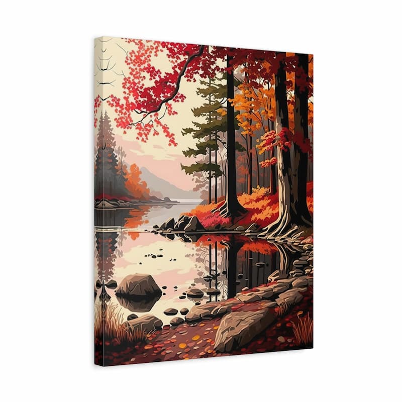 A vertical canvas wall art print depicting an autumn lakeside forest scene with red, orange, and yellow foliage, dark tree trunks, rocks, and reflections in the water, shown at a slight angle on a white background.