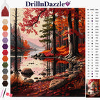 DrillnDazzle diamond painting kit showing an autumn forest landscape design with a lake and trees, alongside a color palette swatch, a paintbrush, and a reference symbol chart.