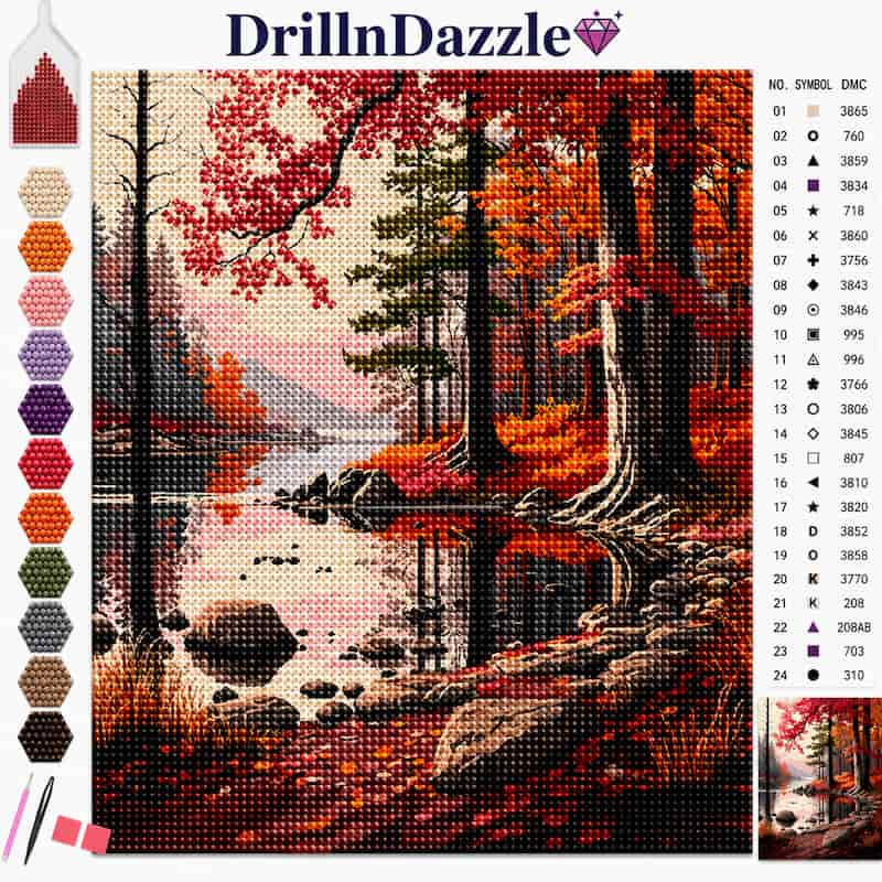 DrillnDazzle diamond painting kit showing an autumn forest landscape design with a lake and trees, alongside a color palette swatch, a paintbrush, and a reference symbol chart.