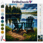 A diamond painting kit preview by DrillInDazzle showing a completed landscape design of two teal Adirondack chairs by a calm lake with pine trees. The image includes a color chart on the left, a numbered color reference list on the right, and a small preview of the uncompleted canvas at the bottom right.