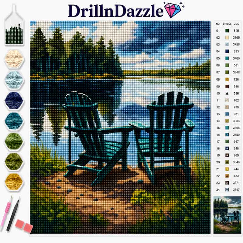 A diamond painting kit preview by DrillInDazzle showing a completed landscape design of two teal Adirondack chairs by a calm lake with pine trees. The image includes a color chart on the left, a numbered color reference list on the right, and a small preview of the uncompleted canvas at the bottom right.