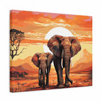 A square canvas wall art print showing two elephants walking in a savanna landscape at sunset, with an orange sky, large white sun, distant mountains, and a tree on the left. The canvas is photographed at a slight angle against a plain white background.