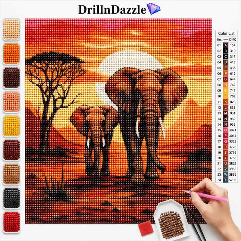 A diamond painting kit showing a completed safari art piece with two elephants under a bright sun, alongside a color list, paintbrush, beads, and a hand holding a pink paintbrush. The brand name DrillInDazzle is visible at the top.
