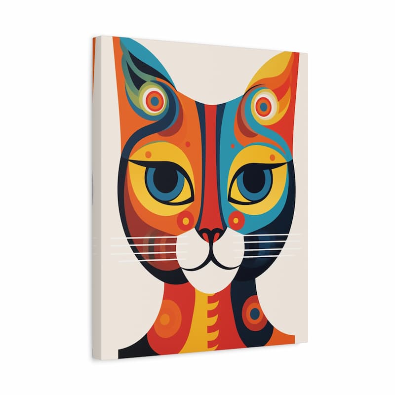 A square canvas wall art print featuring a stylized, colorful cat face in an abstract, geometric design. The artwork uses a vibrant palette of orange, yellow, blue, red, and black on a cream background, shown at a three-quarter angle against a plain white background.
