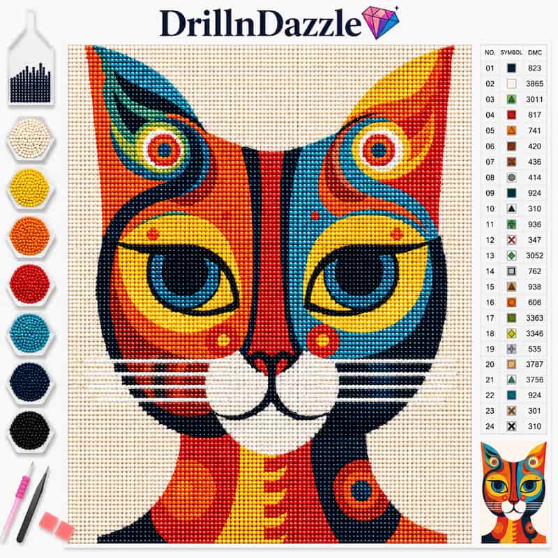 A colorful cross-stitch or diamond painting kit preview showing a stylized cat face made of many stitched colors on a grid. The brand name DrillnDazzle appears at the top, with a color legend and small tool icons along the left side.