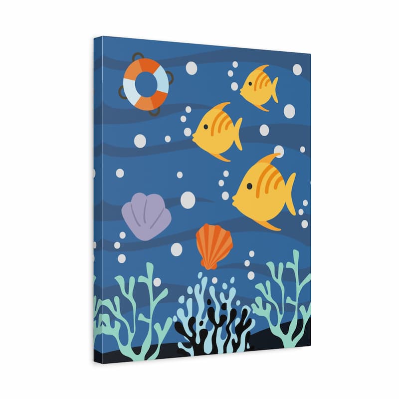 A vertical canvas wall art print featuring a colorful cartoon underwater scene with yellow fish, coral, shells, bubbles, and a life preserver on a blue background.