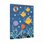 A vertical canvas wall art print featuring a colorful cartoon underwater scene with yellow fish, coral, shells, bubbles, and a life preserver on a blue background.
