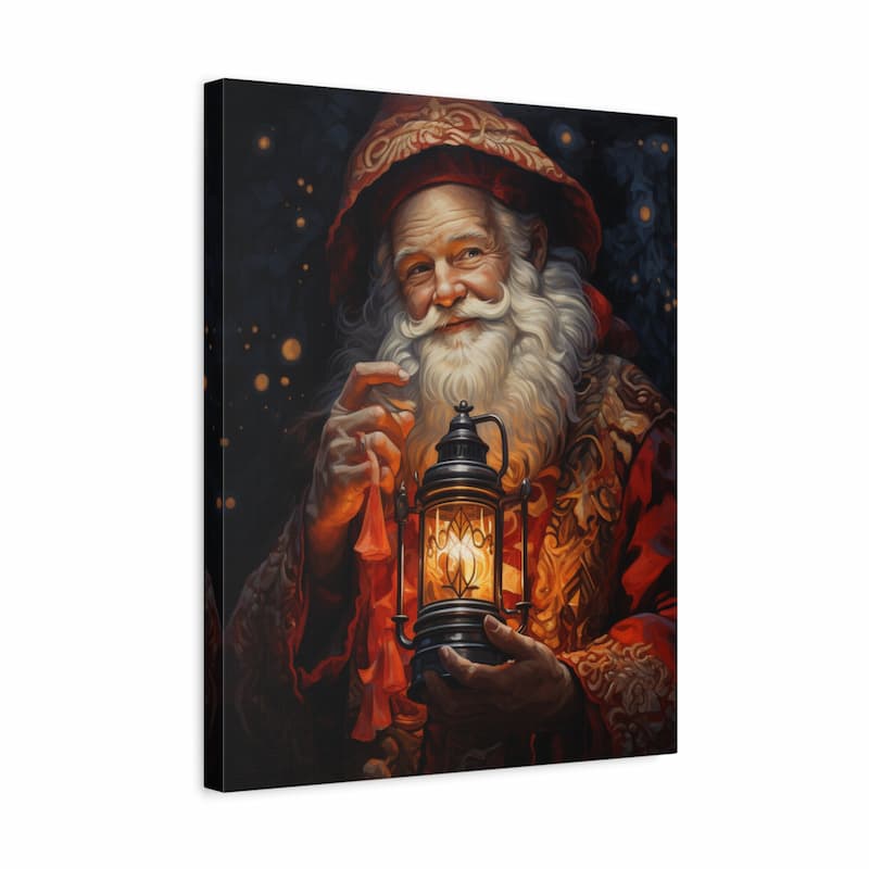 A vertical canvas wall art print depicting Santa Claus with a glowing lantern, shown at a three-quarter angle against a plain white background.