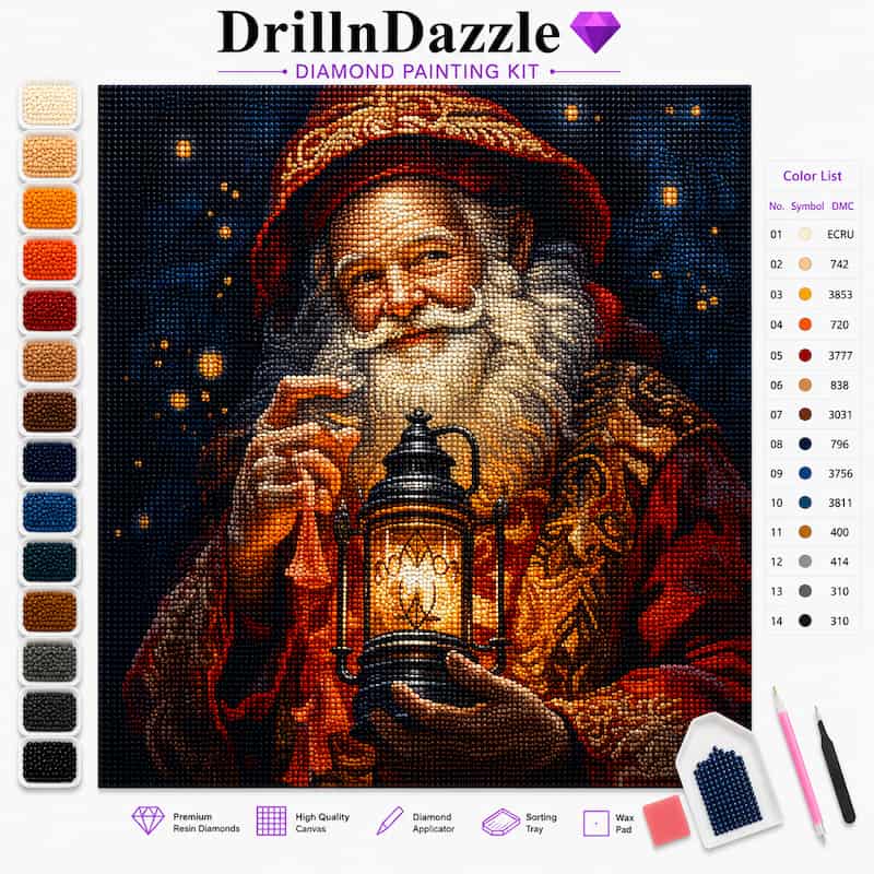 DrillnDazzle diamond painting kit featuring a festive Santa Claus design. The kit includes a color list on the right, a vertical row of paint swatches on the left, and accessories like a sorting tray, wax pad, and needles at the bottom right.