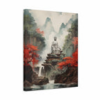 A vertical canvas wall art print depicting a serene white statue seated on a rocky platform in a misty mountain landscape with waterfalls, green and red foliage, and a reflective river below.