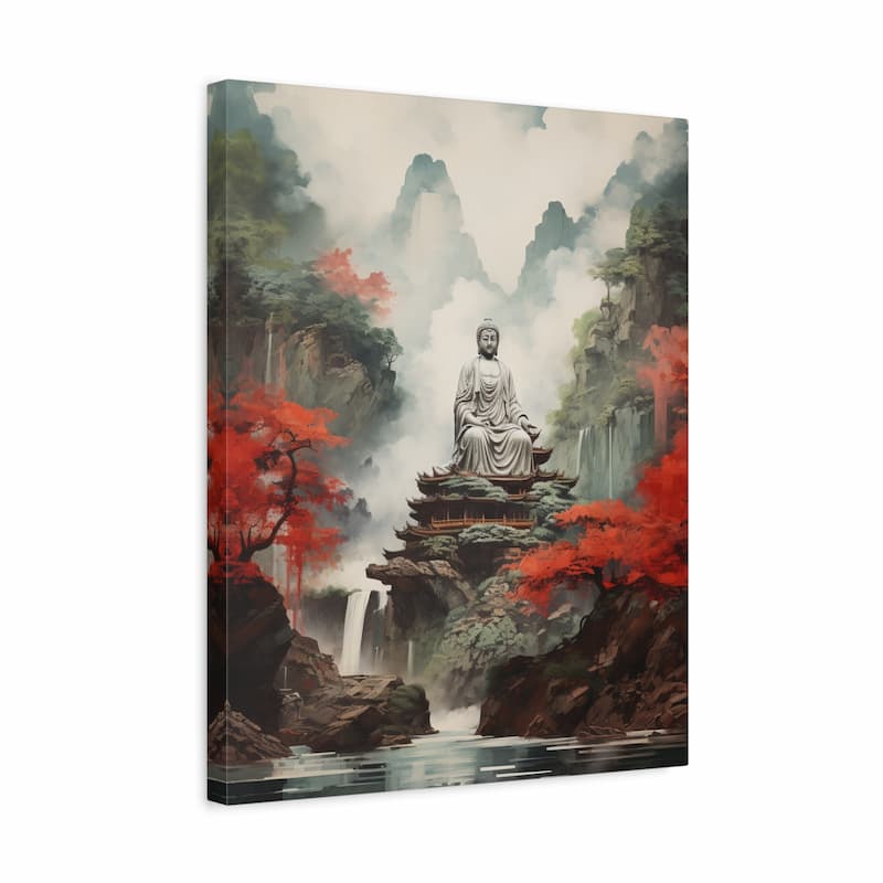 A vertical canvas wall art print depicting a serene white statue seated on a rocky platform in a misty mountain landscape with waterfalls, green and red foliage, and a reflective river below.