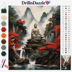 DrillInDazzle diamond painting kit featuring a scenic landscape design of a Buddha statue in a mountain valley with waterfalls and red autumn foliage. The image includes a color chart, paint swatches, a paintbrush, and a small preview of the completed painting.