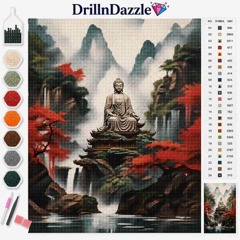 DrillInDazzle diamond painting kit featuring a scenic landscape design of a Buddha statue in a mountain valley with waterfalls and red autumn foliage. The image includes a color chart, paint swatches, a paintbrush, and a small preview of the completed painting.