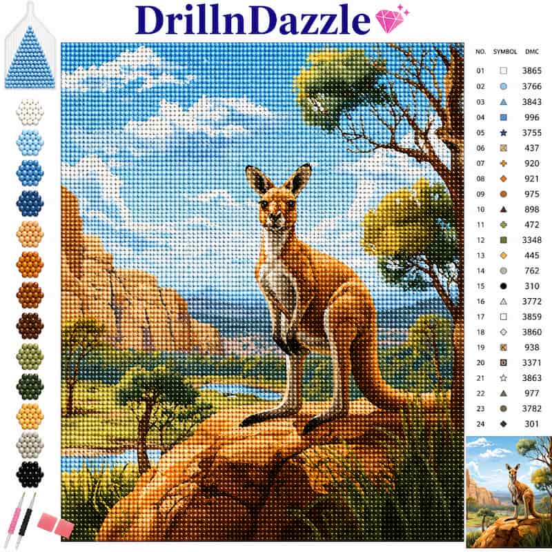 A completed diamond painting style landscape artwork showing a kangaroo standing on a rock by a river, with a color chart and brand name DrillInDazzle visible on the image.