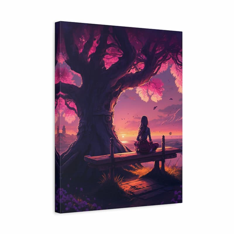 A vertical canvas wall art print showing a fantasy-style scene of a person sitting cross-legged on a bench beneath a large tree with pink and purple foliage at sunset, photographed against a plain white background.