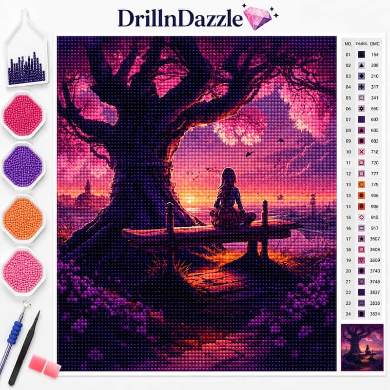 DrillnDazzle diamond painting kit featuring a colorful canvas with a painted scene of a woman sitting on a bench under a large tree at sunset. The image includes a color chart, paint dots, two needles, and two paint swatches on a white background.