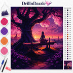 DrillnDazzle diamond painting kit featuring a colorful canvas with a painted scene of a woman sitting on a bench under a large tree at sunset. The image includes a color chart, paint dots, two needles, and two paint swatches on a white background.