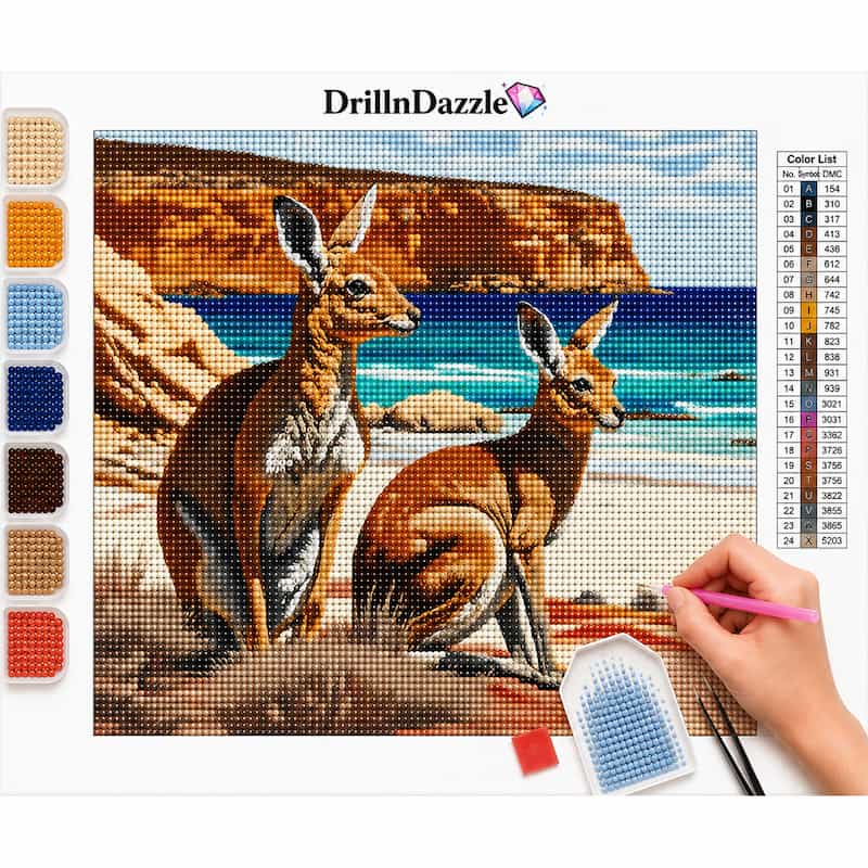 DrillnDazzle diamond painting kit featuring a kangaroo and wallaby painting design, with a color list chart, paint swatches, and a hand holding a pink paint pen on a white background.