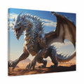 A square gallery-wrapped canvas print featuring a detailed fantasy illustration of a large silver-gray dragon with spread wings, standing in a desert landscape under a blue sky. The canvas is shown at a slight angle against a plain white background.