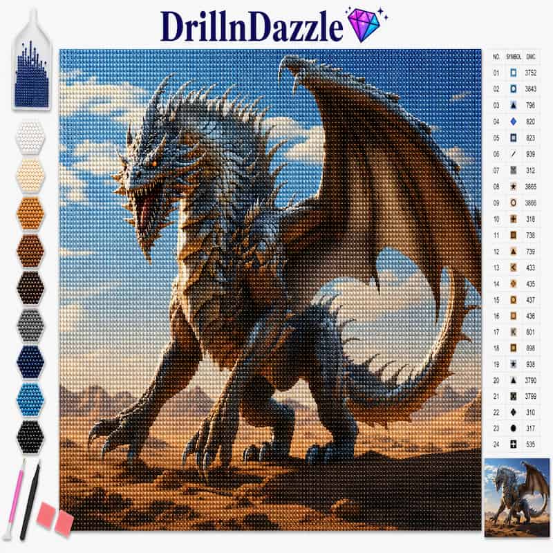 A diamond painting or cross-stitch style craft kit cover featuring a large dragon artwork in the center, with the DrillnDazzle brand name at the top. The left side shows a row of color swatches, and the right side shows a numbered color legend and a small finished example image.