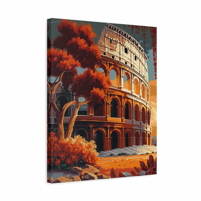 A vertical canvas wall art print depicting the Colosseum in Rome at sunset, surrounded by autumn trees and foliage in warm orange, red, and brown tones, shown at a slight angle against a white background.