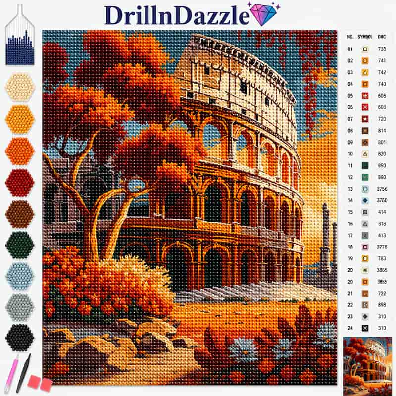 A cross-stitch or diamond painting kit cover featuring a colorful scene of the Colosseum in Rome with autumn trees. The top displays the brand name 'DrillnDazzle' with a pink diamond logo, and the left side shows a vertical row of color swatches, including a white bottle icon at the top.