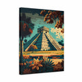A rectangular canvas wall art print showing a stylized tropical jungle scene with a large stepped pyramid temple, palm trees, flowers, and a teal sky. The canvas is photographed at a slight angle against a plain white background.