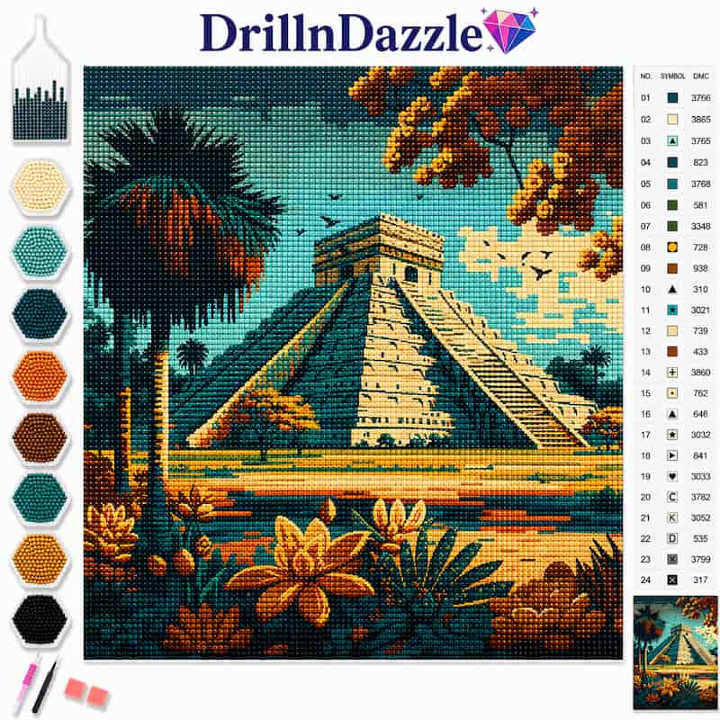 A cross-stitch or needlework kit cover showing a completed multicolor design of an ancient Mayan pyramid with palm trees and tropical flowers. The brand name DrillInDazzle appears at the top, with a color palette chart on the left and a numbered color reference key on the right.