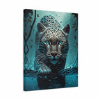 A square gallery-wrapped canvas print featuring a dramatic digital illustration of a leopard with glowing blue eyes in a misty teal forest, shown at a slight angle against a plain white background.