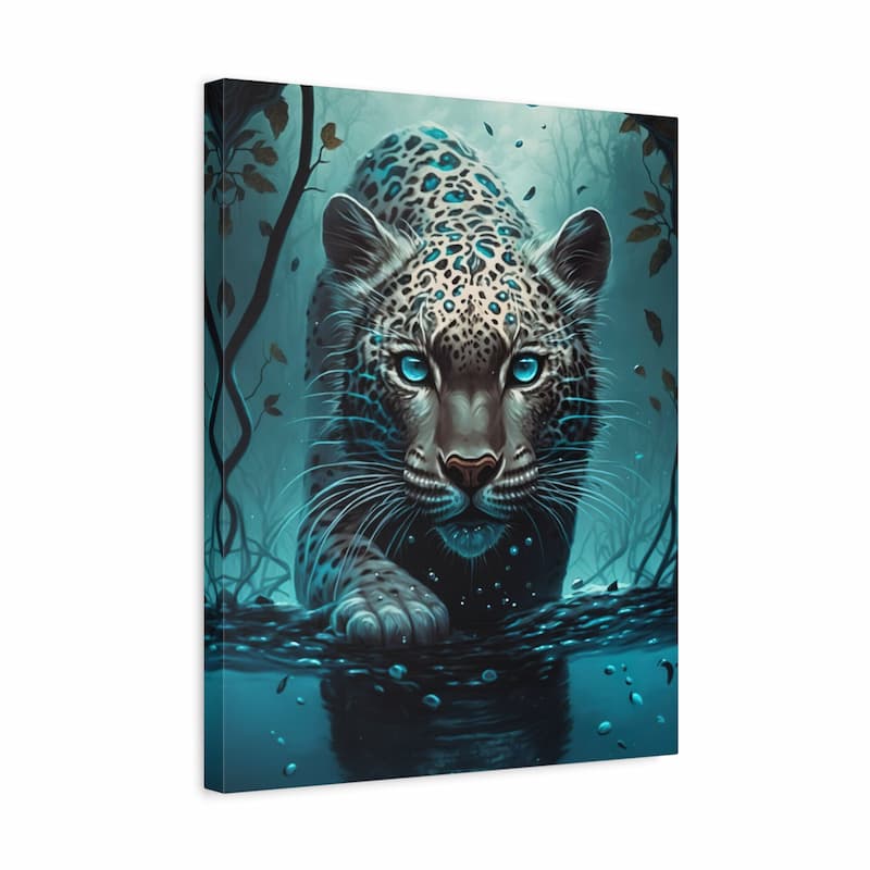 A square gallery-wrapped canvas print featuring a dramatic digital illustration of a leopard with glowing blue eyes in a misty teal forest, shown at a slight angle against a plain white background.