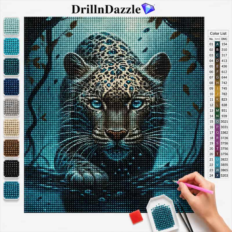 A diamond painting or cross-stitch style artwork showing a leopard or jaguar face made from many small colored beads, with a color list on the right and a hand holding a pink needle on the lower right. The brand name DrillnDazzle appears at the top.