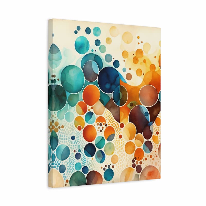 Abstract canvas wall art featuring overlapping circles and dots in teal, blue, orange, yellow, brown, and cream on a white background.