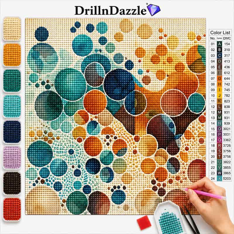 DrillnDazzle diamond painting kit showing a colorful abstract design made of circular dots, with a color list on the right and a row of color swatches on the left. A hand is holding a pink pen tool at the bottom right.