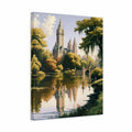 A vertical canvas wall art print depicting a scenic landscape of Central Park with the Bowery Building tower, trees, a pond, and reflections, shown at a slight angle against a white background.