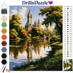 A diamond painting kit design sheet by DrillInDazzle featuring a scenic landscape of a castle by a reflective lake, with a color chart on the right and selected paint colors on the left.