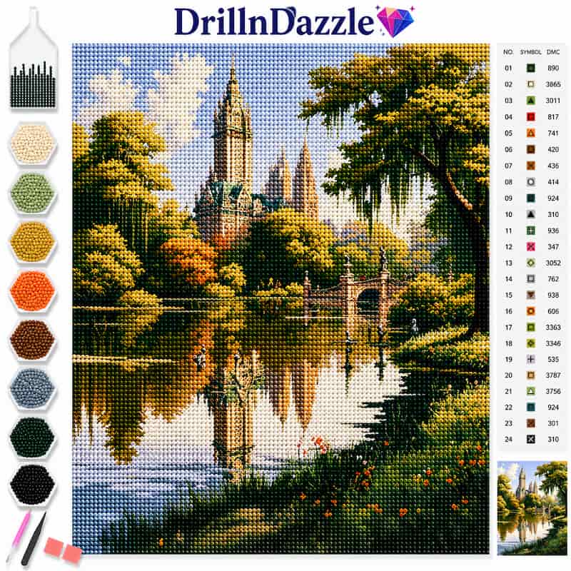 A diamond painting kit design sheet by DrillInDazzle featuring a scenic landscape of a castle by a reflective lake, with a color chart on the right and selected paint colors on the left.