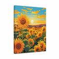 A rectangular canvas wall art print showing a stylized sunflower field at sunset, photographed against a plain white background.