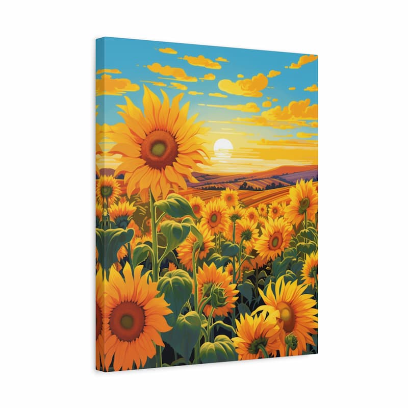 A rectangular canvas wall art print showing a stylized sunflower field at sunset, photographed against a plain white background.