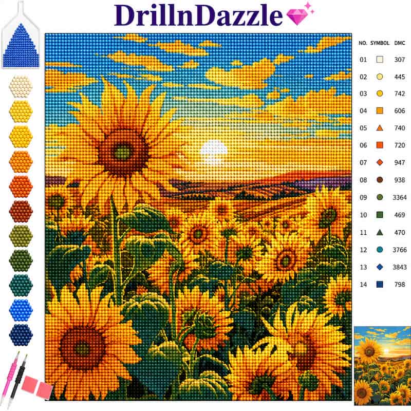 A diamond painting style sunflower landscape design shown as a finished canvas artwork, with a color legend on the right and a row of available color swatches on the left. The brand name DrillinDazzle appears at the top.