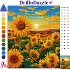 A diamond painting style sunflower landscape design shown as a finished canvas artwork, with a color legend on the right and a row of available color swatches on the left. The brand name DrillinDazzle appears at the top.
