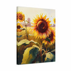 A vertical canvas wall art print featuring a stylized painting of sunflowers in a field, shown at a slight angle against a plain white background.