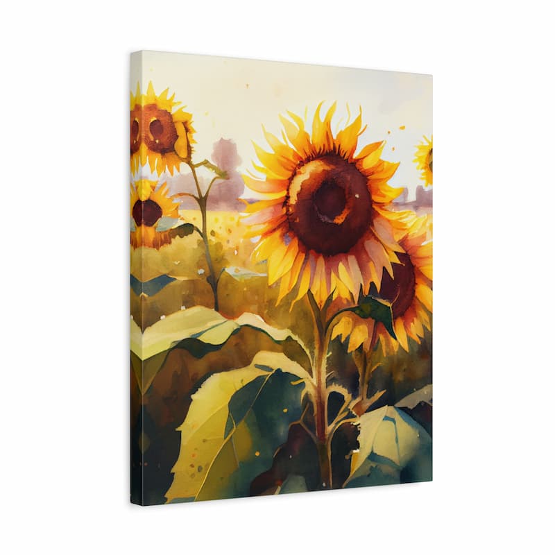 A vertical canvas wall art print featuring a stylized painting of sunflowers in a field, shown at a slight angle against a plain white background.