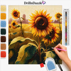 A hand applying diamonds on a sunflower picture with accessories kept near.