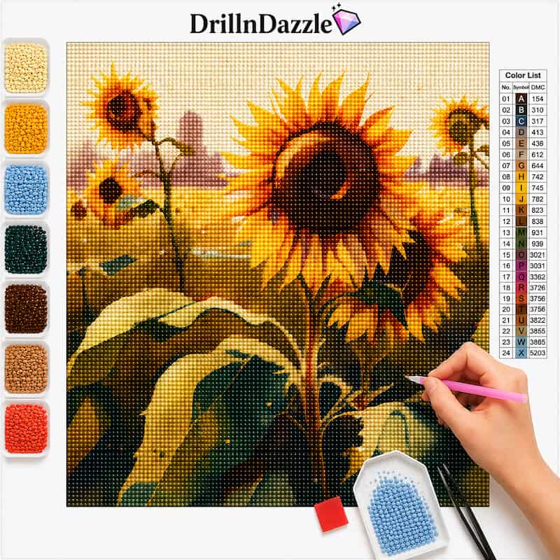 A hand applying diamonds on a sunflower picture with accessories kept near.