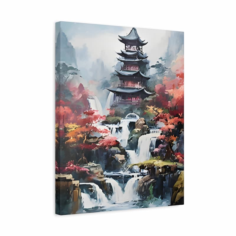 A vertical canvas wall art print depicting an Asian-style pagoda surrounded by waterfalls, misty mountains, and autumn foliage in red, orange, and green tones, shown at a slight angle against a white background.