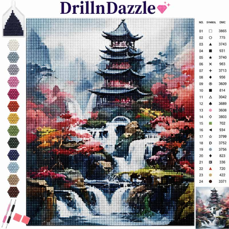DrillInDazzle diamond painting featuring a Japanese pagoda and waterfall landscape design. The image displays a color palette on the left, a numbered color reference chart on the right, and a small finished sample at the bottom right, all set against a clean white background.