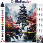 DrillInDazzle diamond painting featuring a Japanese pagoda and waterfall landscape design. The image displays a color palette on the left, a numbered color reference chart on the right, and a small finished sample at the bottom right, all set against a clean white background.