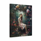 A square canvas wall art print showing a seated woman in a floral dress surrounded by lush roses and dark foliage, photographed against a plain white background.